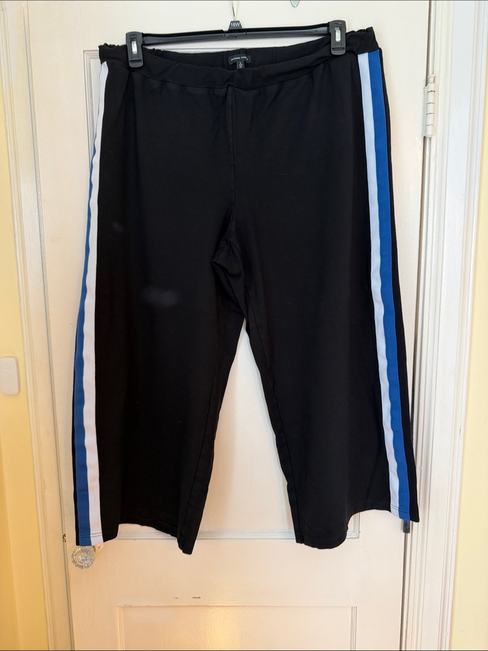 Universal Standard Black Wide-Leg Pants with Blue & White Side Stripes